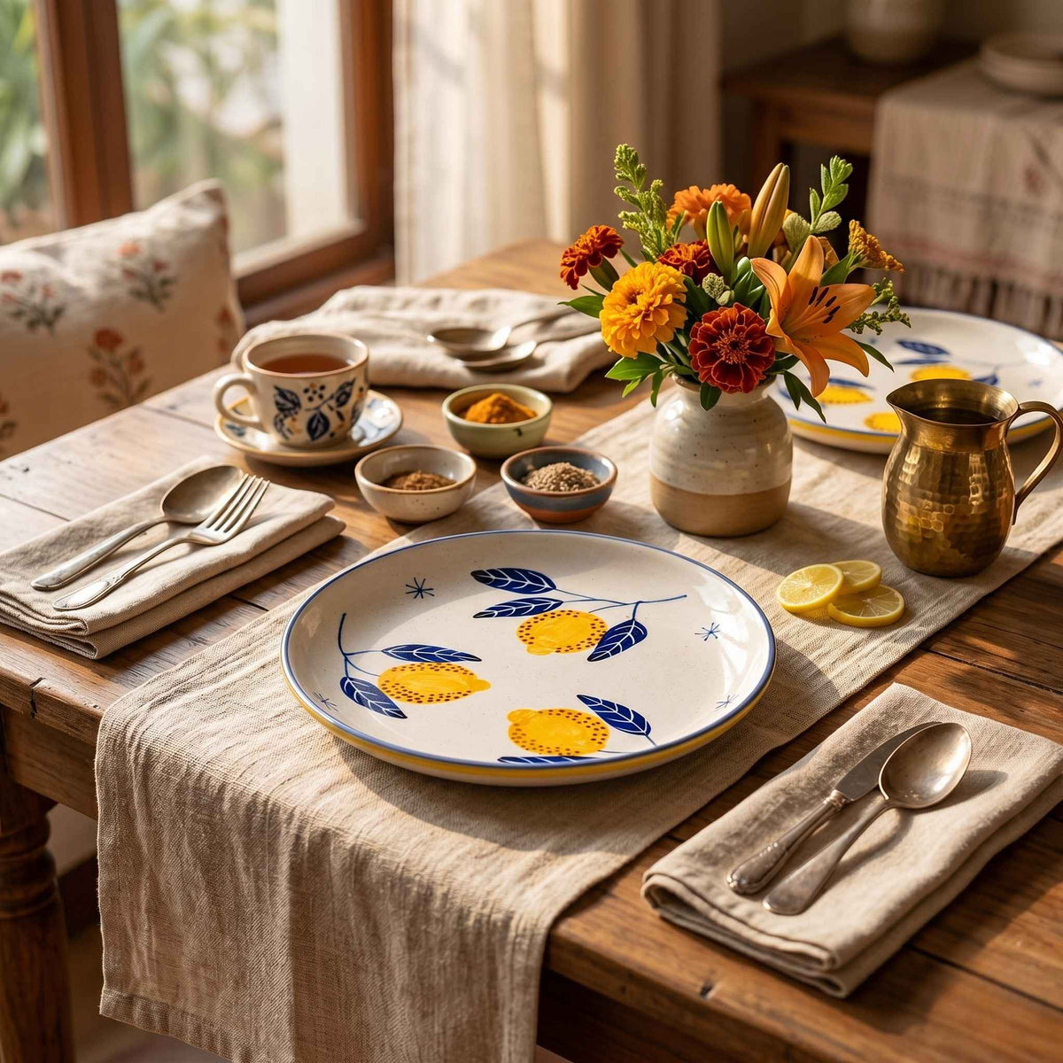Hand-painted ceramic snack plate with yellow lemon flowers and blue leaves