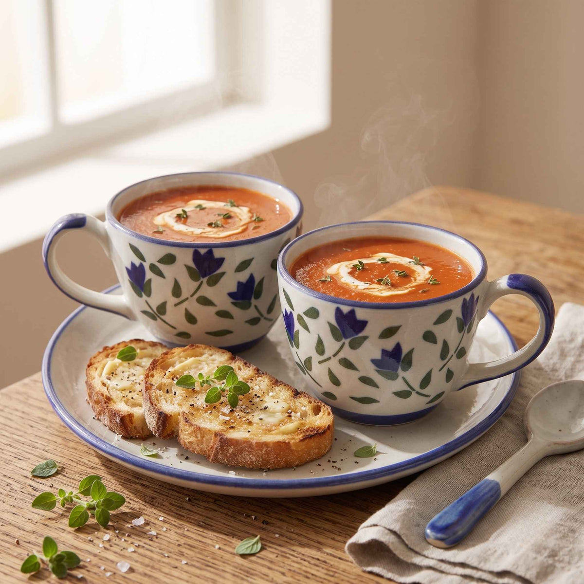 Handmade-inspired blue floral ceramic soup cup