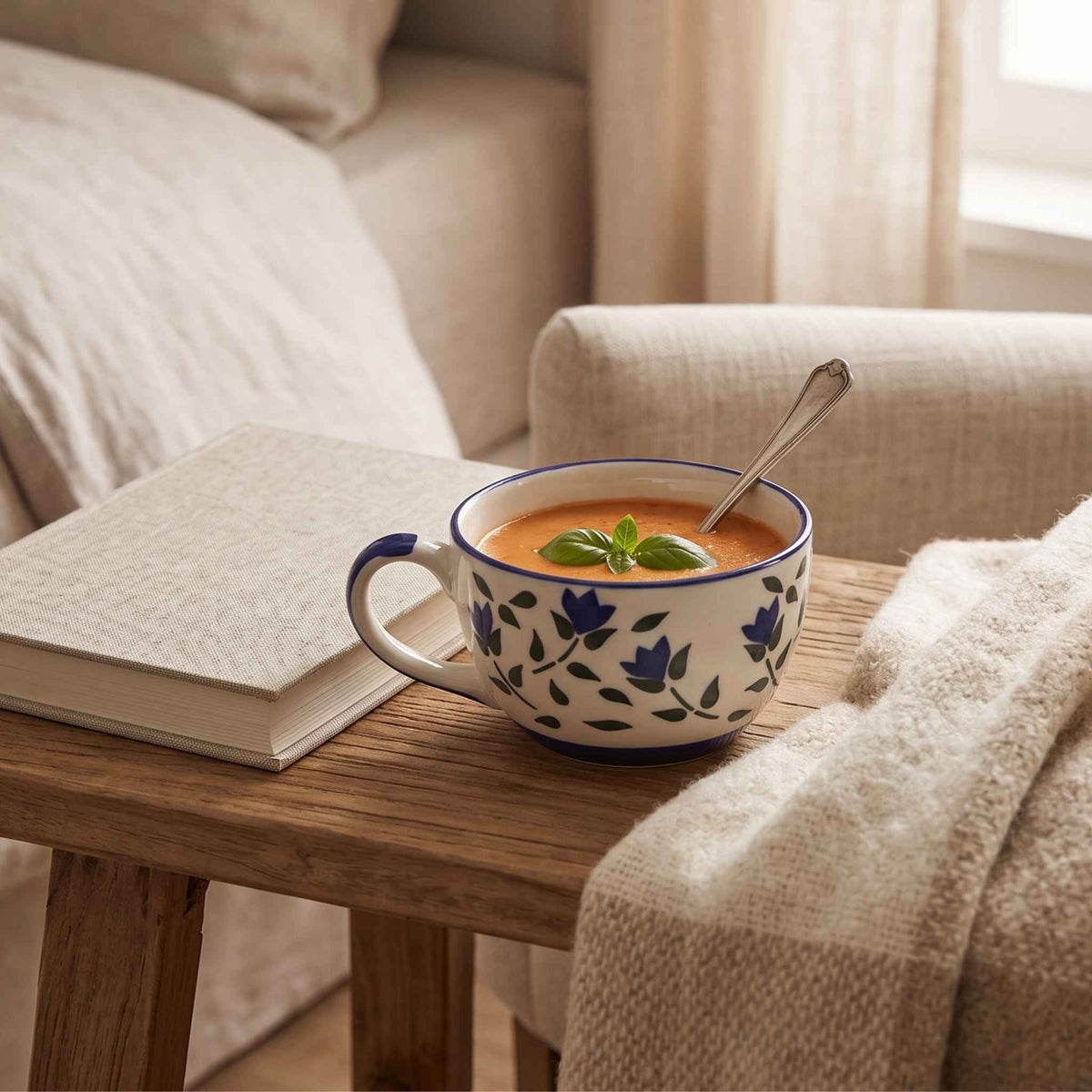 Handmade-inspired blue floral ceramic soup cup for stylish everyday dining