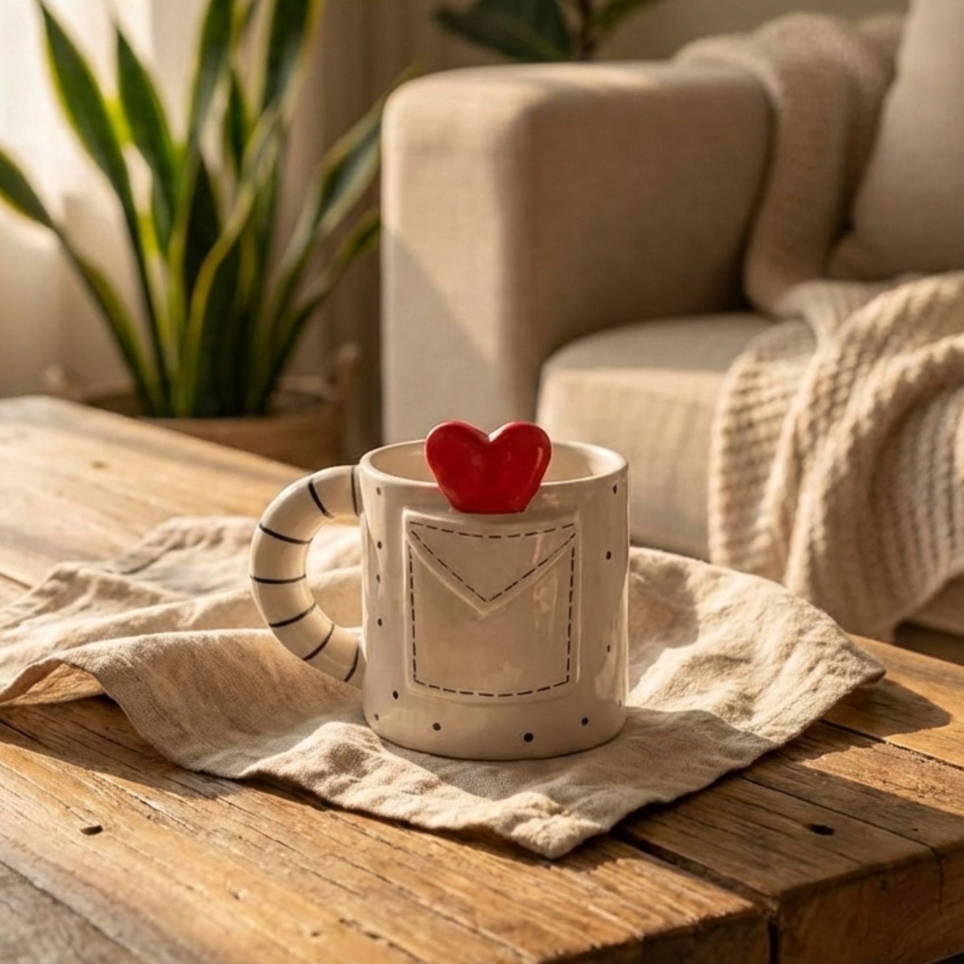 aesthetic cute ceramic mug with heart pocket and striped handle pastel coffee mug india