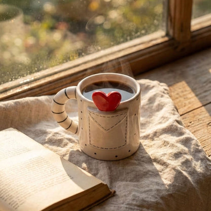 cute heart design ceramic mug with pocket aesthetic coffee mug for girls cozy home decor