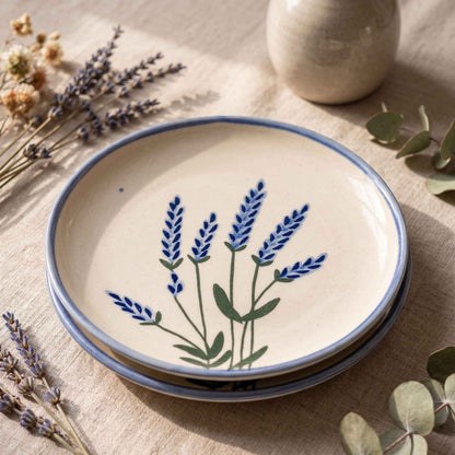 Lavender ceramic quarter plate with ivory base and blue rim