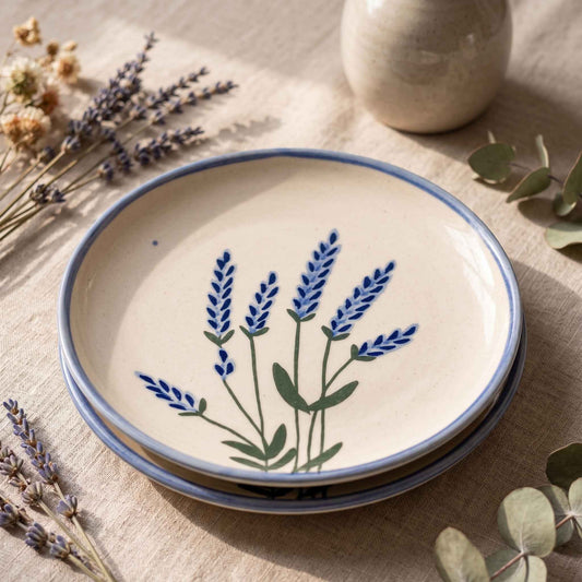 Lavender ceramic quarter plate with ivory base and blue rim