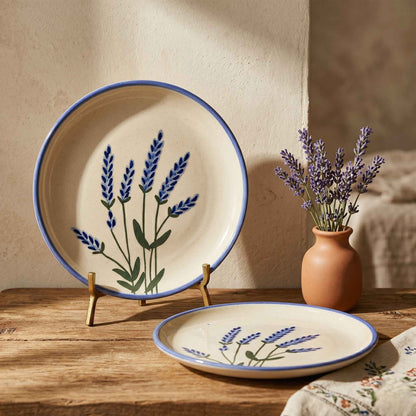 Lavender hand-painted ceramic quarter plate with botanical floral design