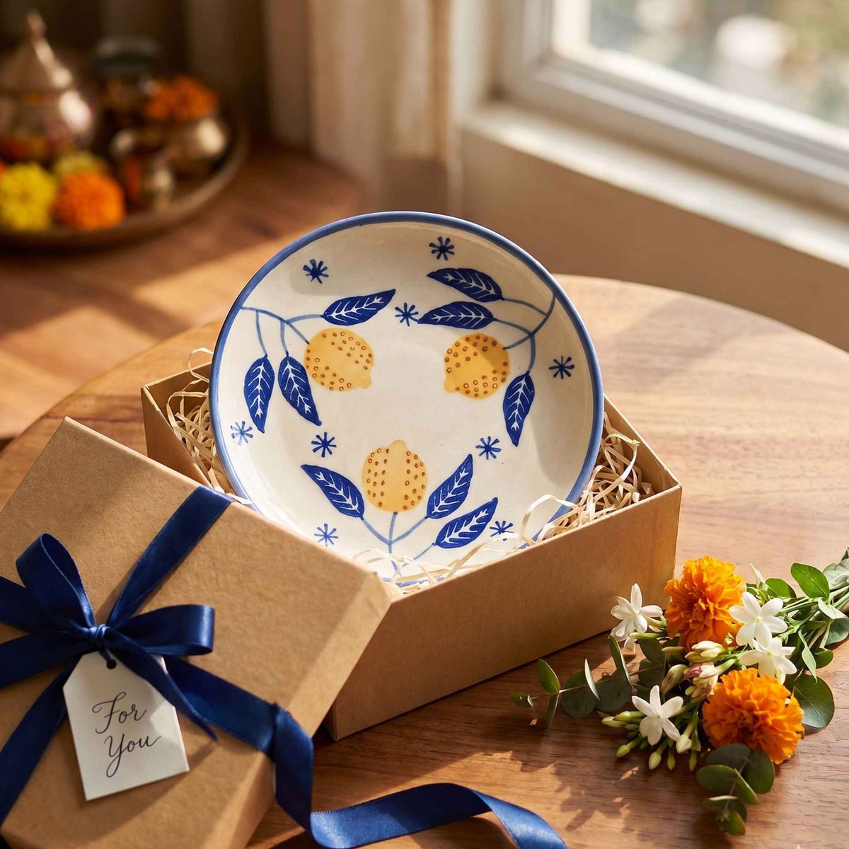 Lemon Leaf ceramic quarter plate for gifting
