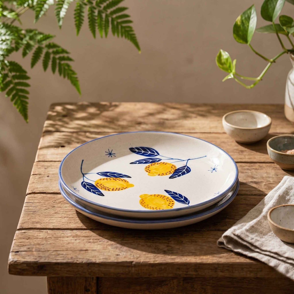 Lemon Leaf ceramic quarter plate with ivory base and blue rim