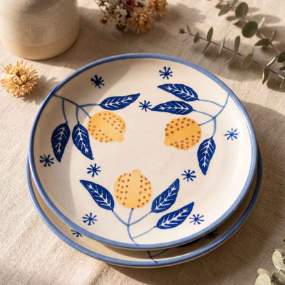 Lemon Leaf hand-painted ceramic quarter plate with yellow and blue botanical design