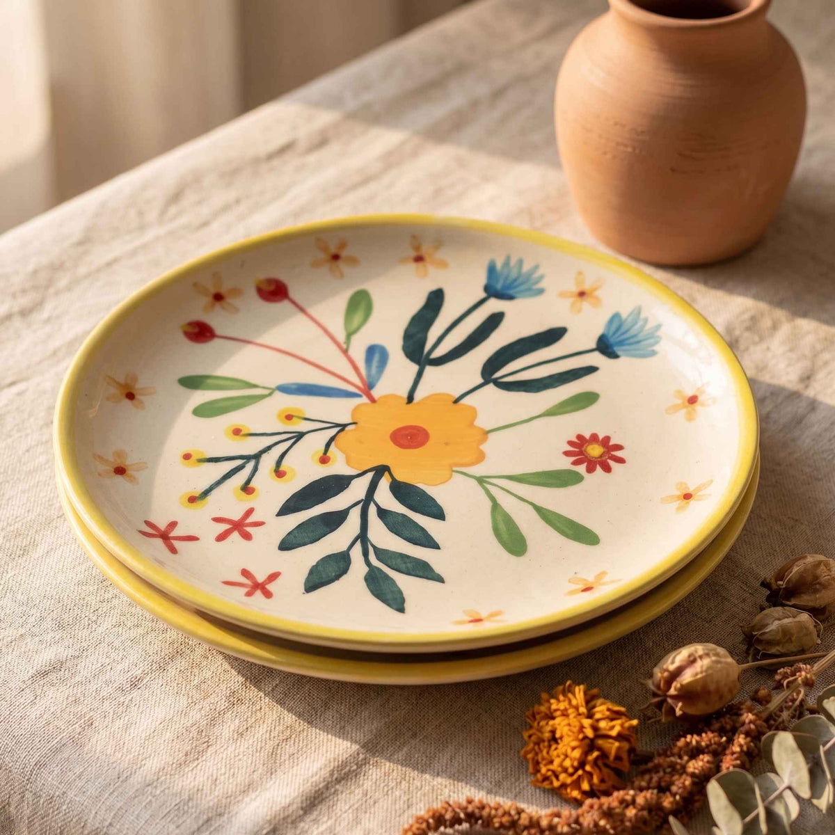 Meadow Bloom hand-painted ceramic quarter plate with yellow and blue floral design