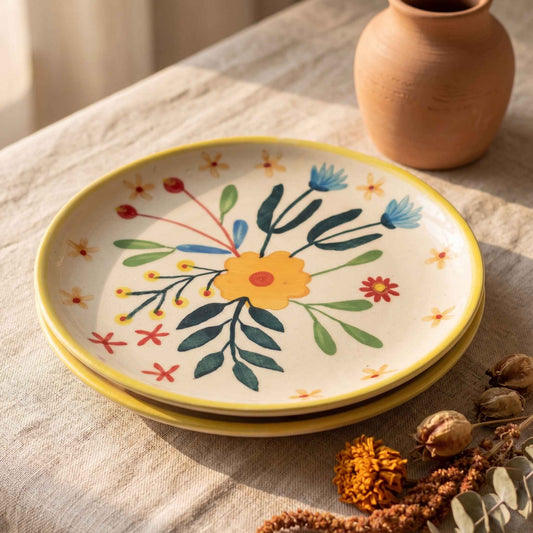 Meadow Bloom hand-painted ceramic quarter plate with yellow and blue floral design
