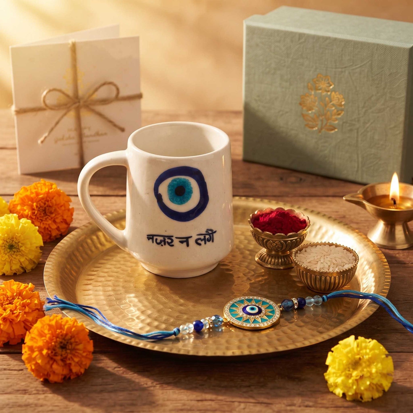 Nazar Na Lage ceramic mug Rakhi gift hamper with premium Rakhi chocolate roli akshat and greeting card