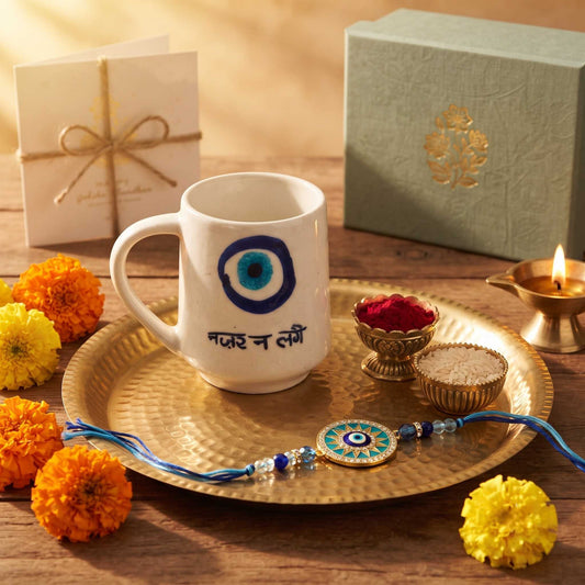 Nazar Na Lage ceramic mug Rakhi gift hamper with premium Rakhi chocolate roli akshat and greeting card