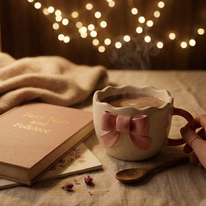 cute ceramic mug with bow design wavy rim coffee mug aesthetic mugs india