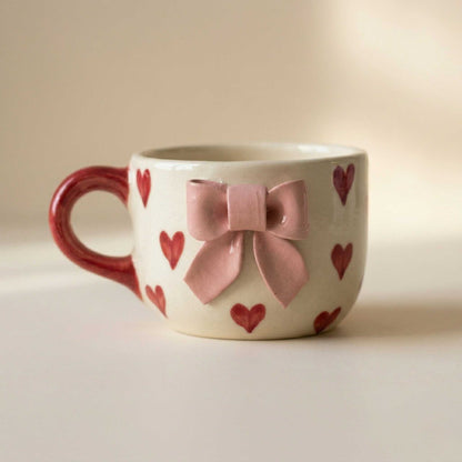 pink bow coffee mug with red hearts cute aesthetic mug pookie bow mug india