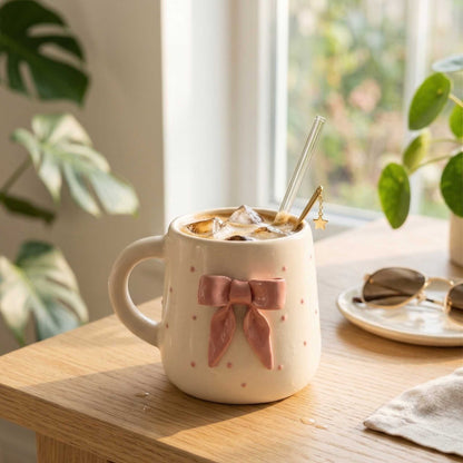 pastel blush bow ceramic mug cute aesthetic coffee mug for girls handmade minimalist mug cozy home decor india