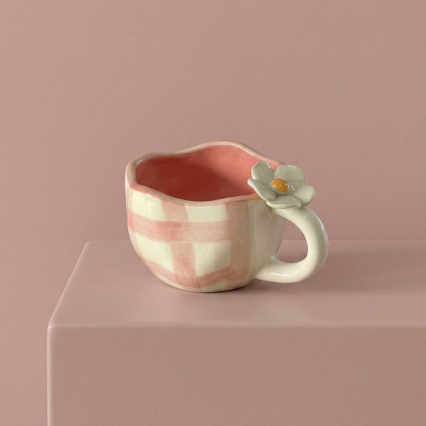 pink check daisy ceramic coffee mug aesthetic cute mug for girls pastel mug india
