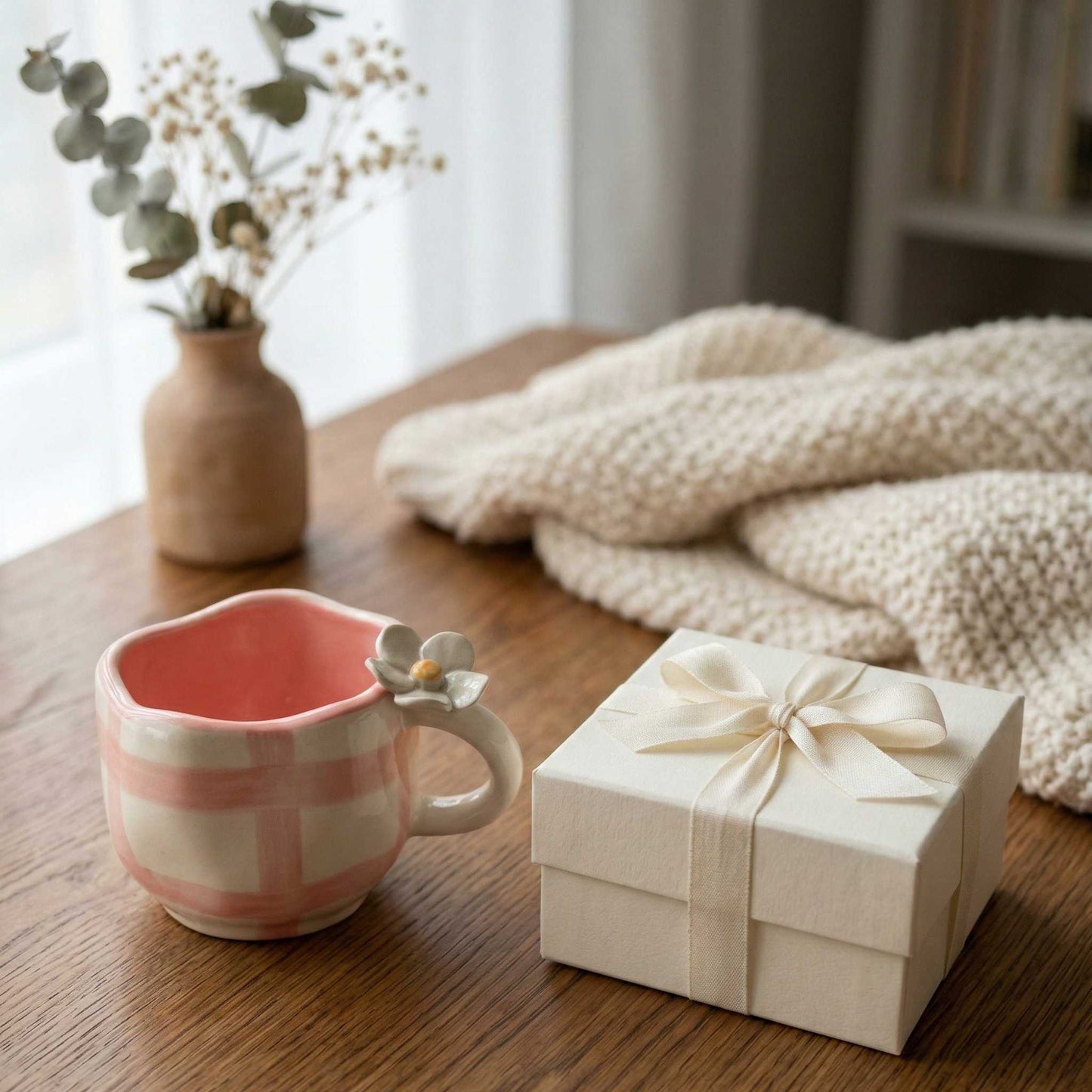 cute pastel pink check mug with daisy flower handle aesthetic coffee mug for gifting