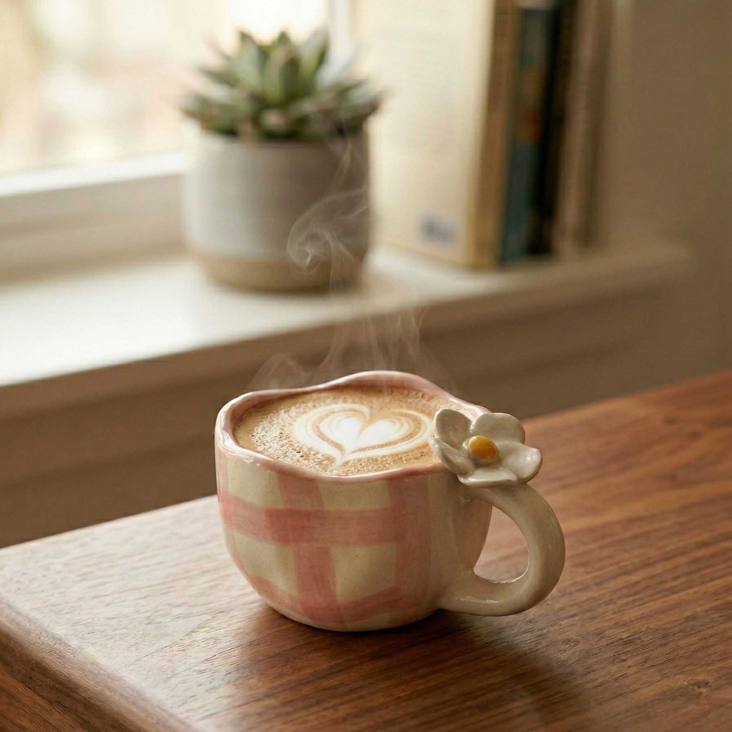 aesthetic pink check mug with daisy handle ceramic coffee mug cozy home decor mug