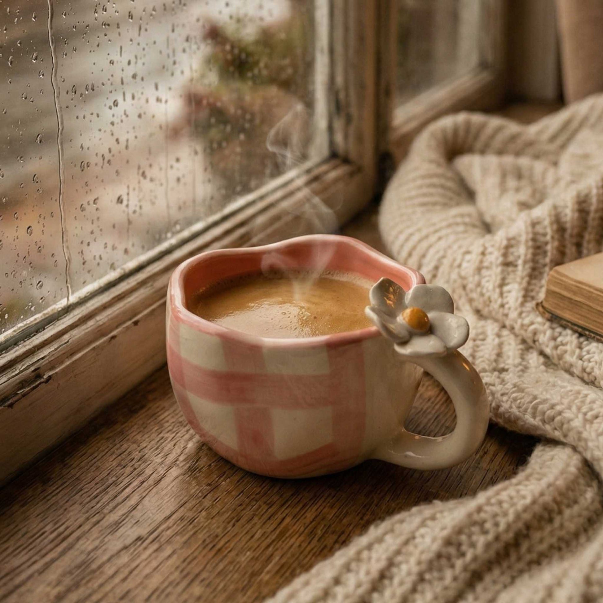 handmade pink check daisy coffee mug aesthetic ceramic mug for tea and coffee lovers india
