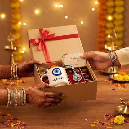 Premium Rakhi gift hamper featuring Nazar Na Lage ceramic mug with blue evil eye design
