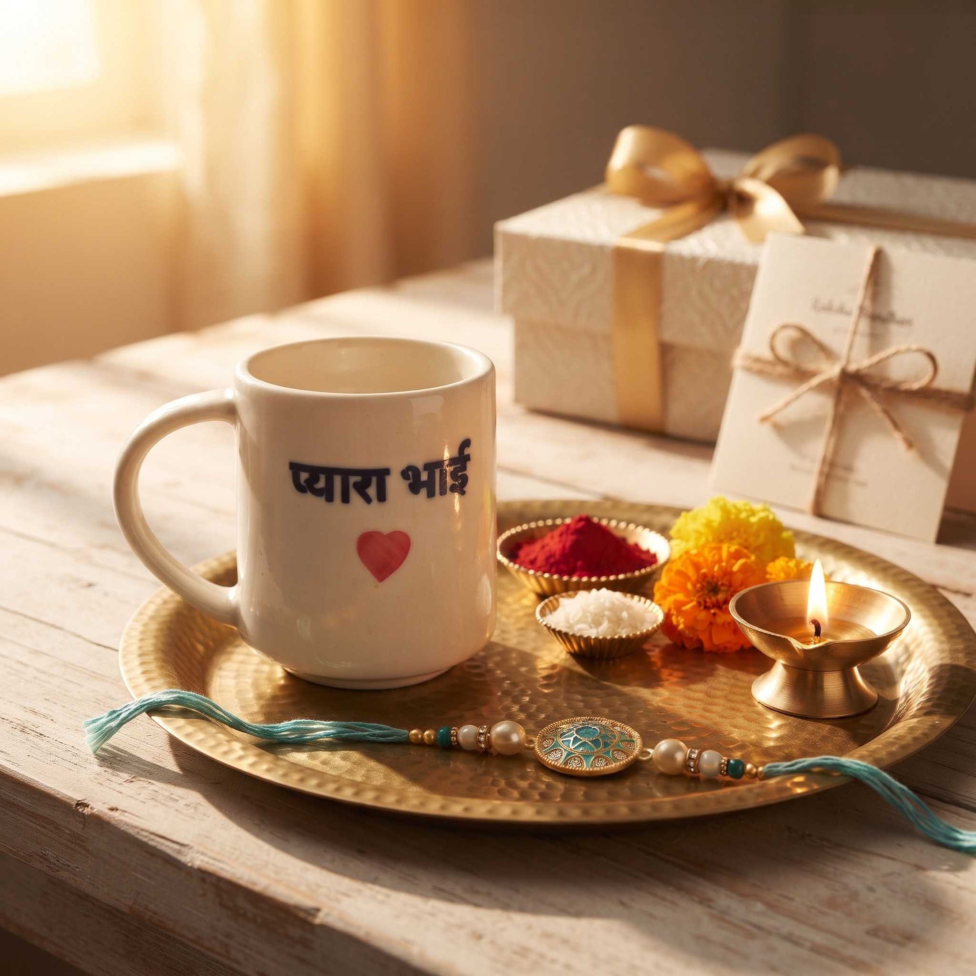 Premium Rakhi gift hamper featuring Pyara Bhai ceramic mug