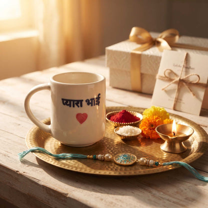 Premium Rakhi gift hamper featuring Pyara Bhai ceramic mug