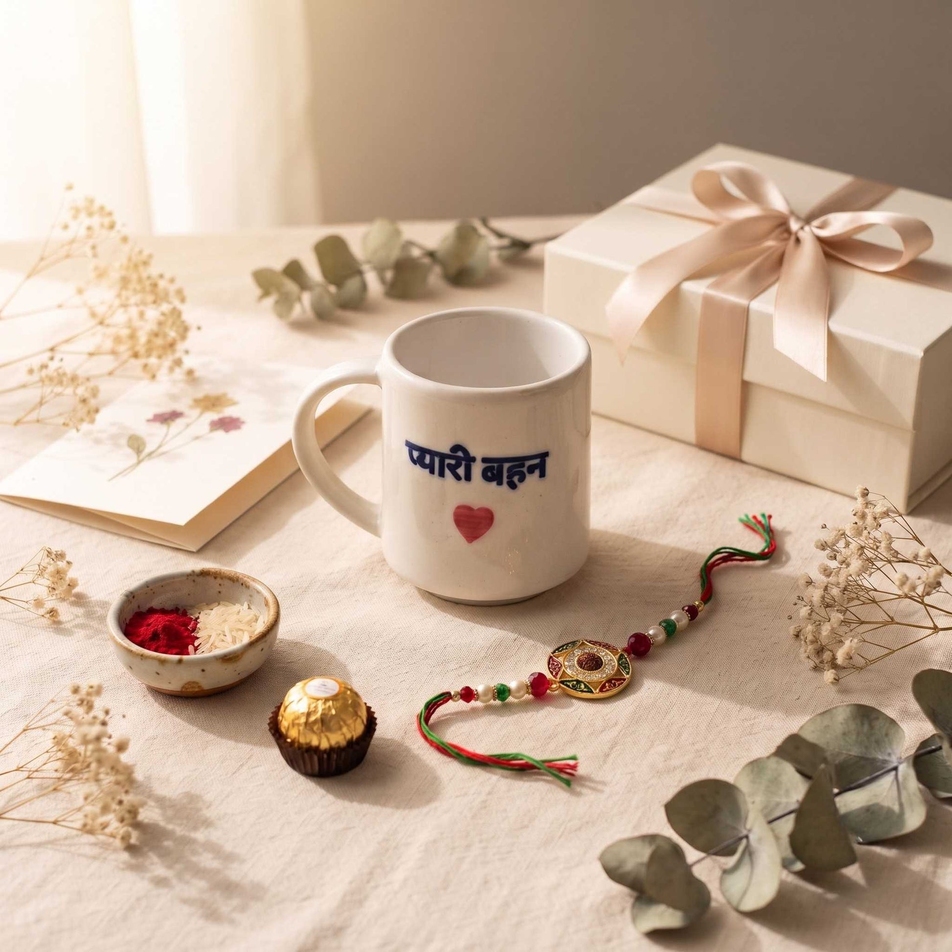 Premium Rakhi gift hamper featuring Pyari Behan ceramic mug