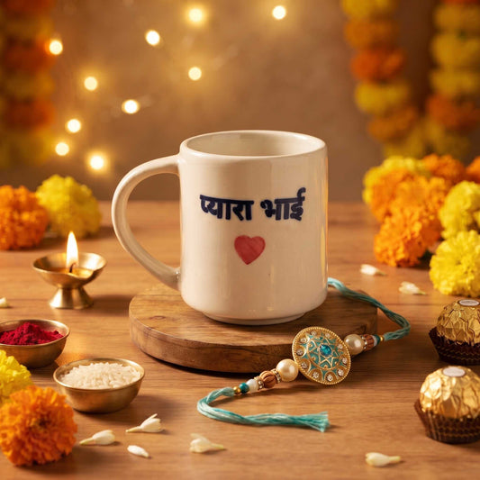 Pyara Bhai ceramic mug Rakhi gift hamper with premium rakhi chocolate