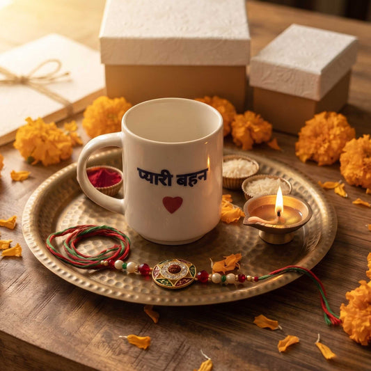 Pyari Behan ceramic mug Rakhi gift hamper with premium rakhi chocolate roli akshat and greeting card