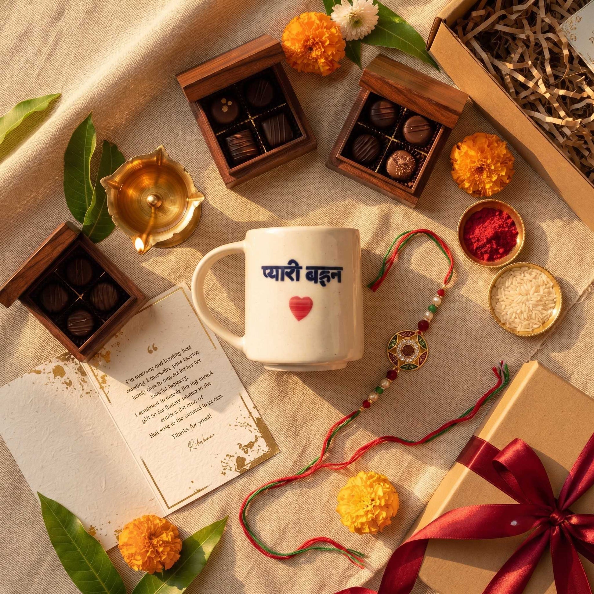 Pyari Behan mug with red heart design and premium Raksha Bandhan gift hamper