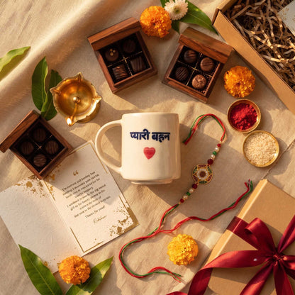 Pyari Behan mug with red heart design and premium Raksha Bandhan gift hamper