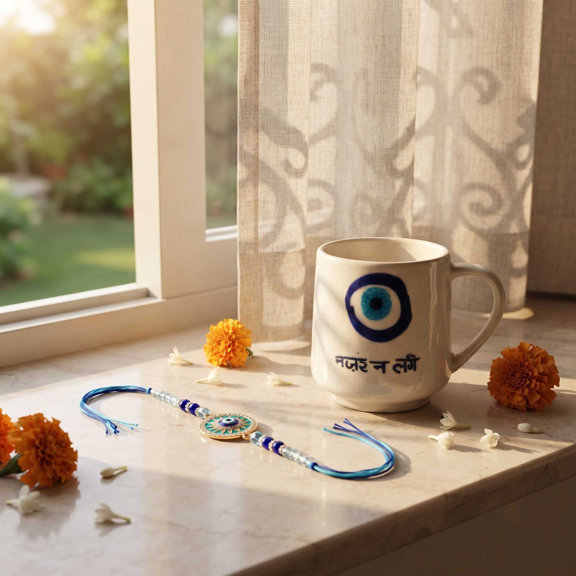 Rakhi coffee mug with Nazar Na Lage Hindi typography and evil eye symbol for brother or sister