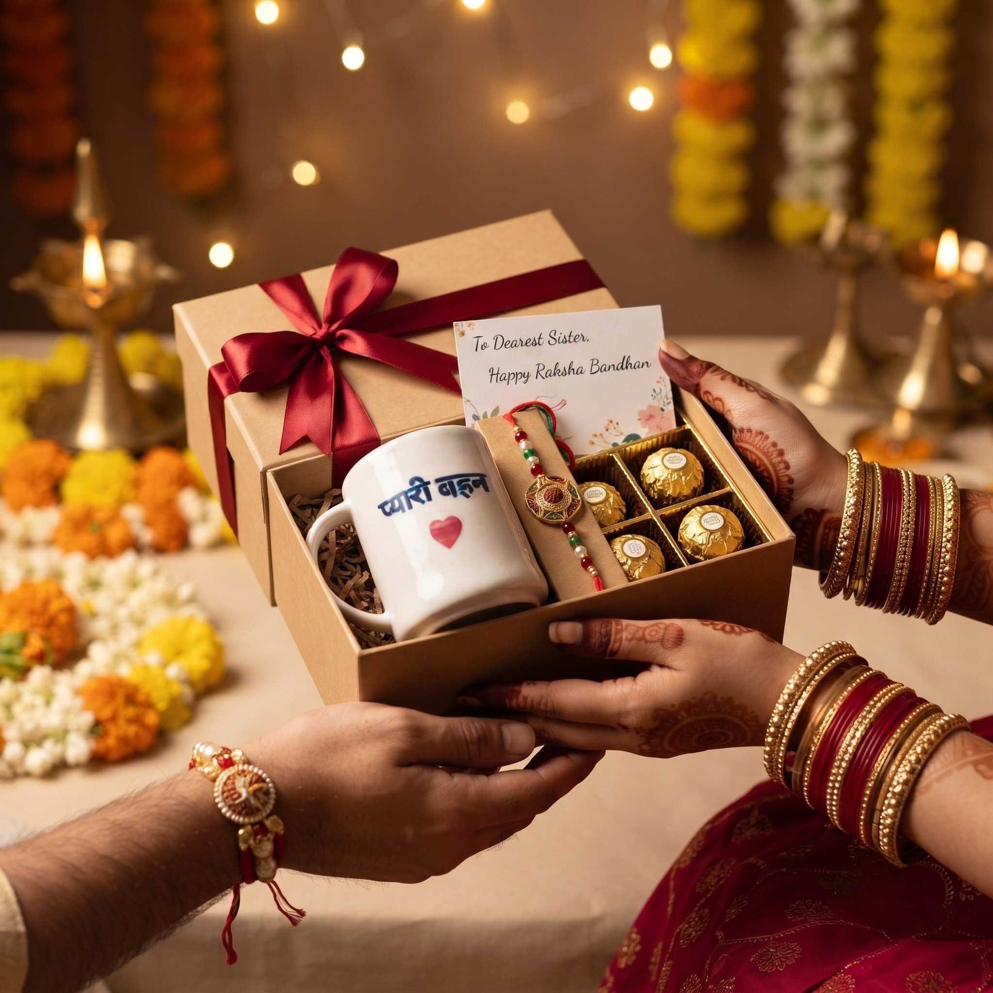 Rakhi coffee mug with premium rakhi chocolate roli akshat and Happy Raksha Bandhan card for sister