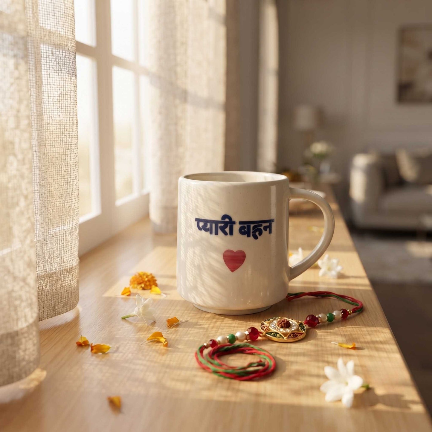 Raksha Bandhan Pyari Behan Hindi ceramic coffee mug gift set for sister