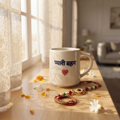 Raksha Bandhan Pyari Behan Hindi ceramic coffee mug gift set for sister