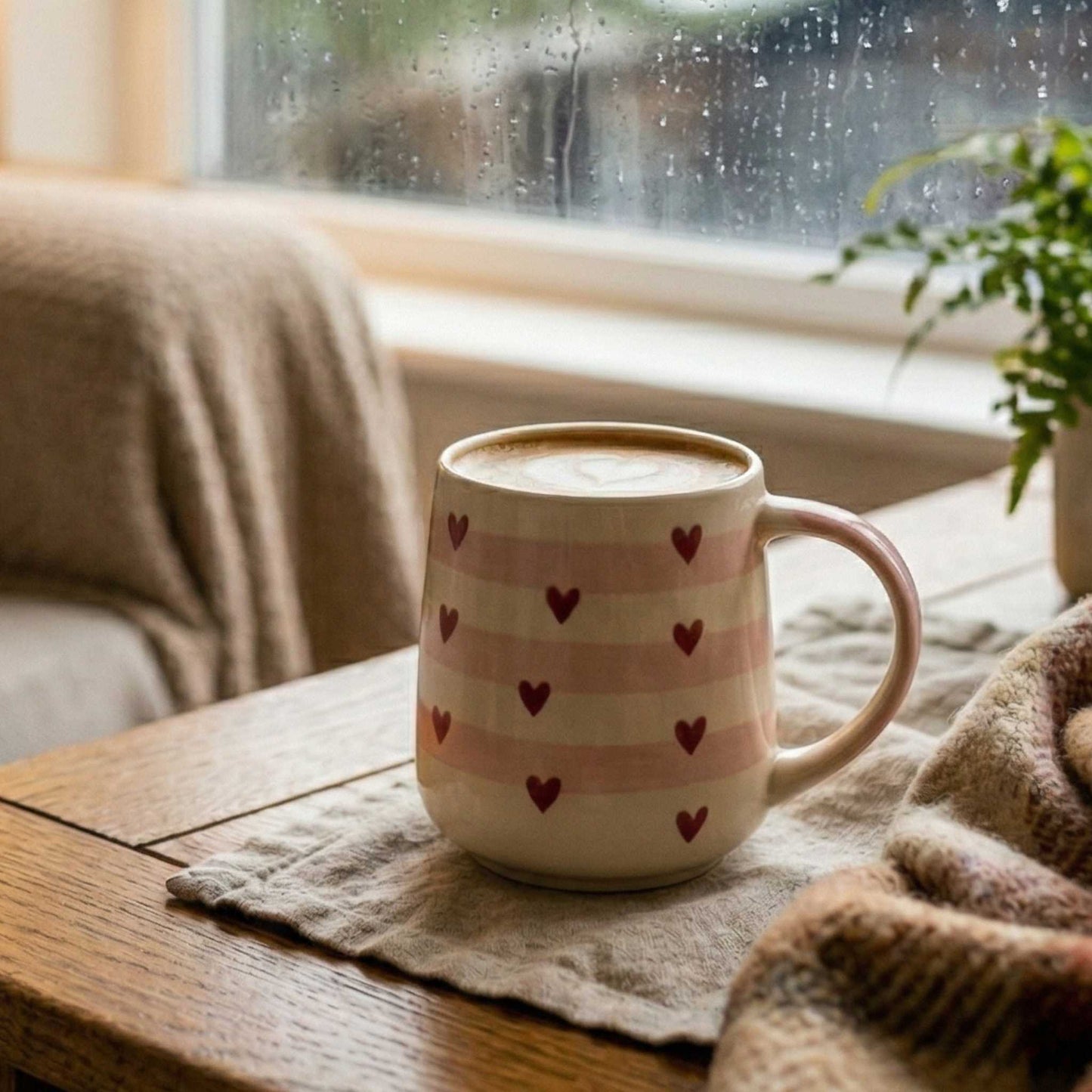 aesthetic stripe heart mug ceramic coffee mug with small red hearts cozy decor mug
