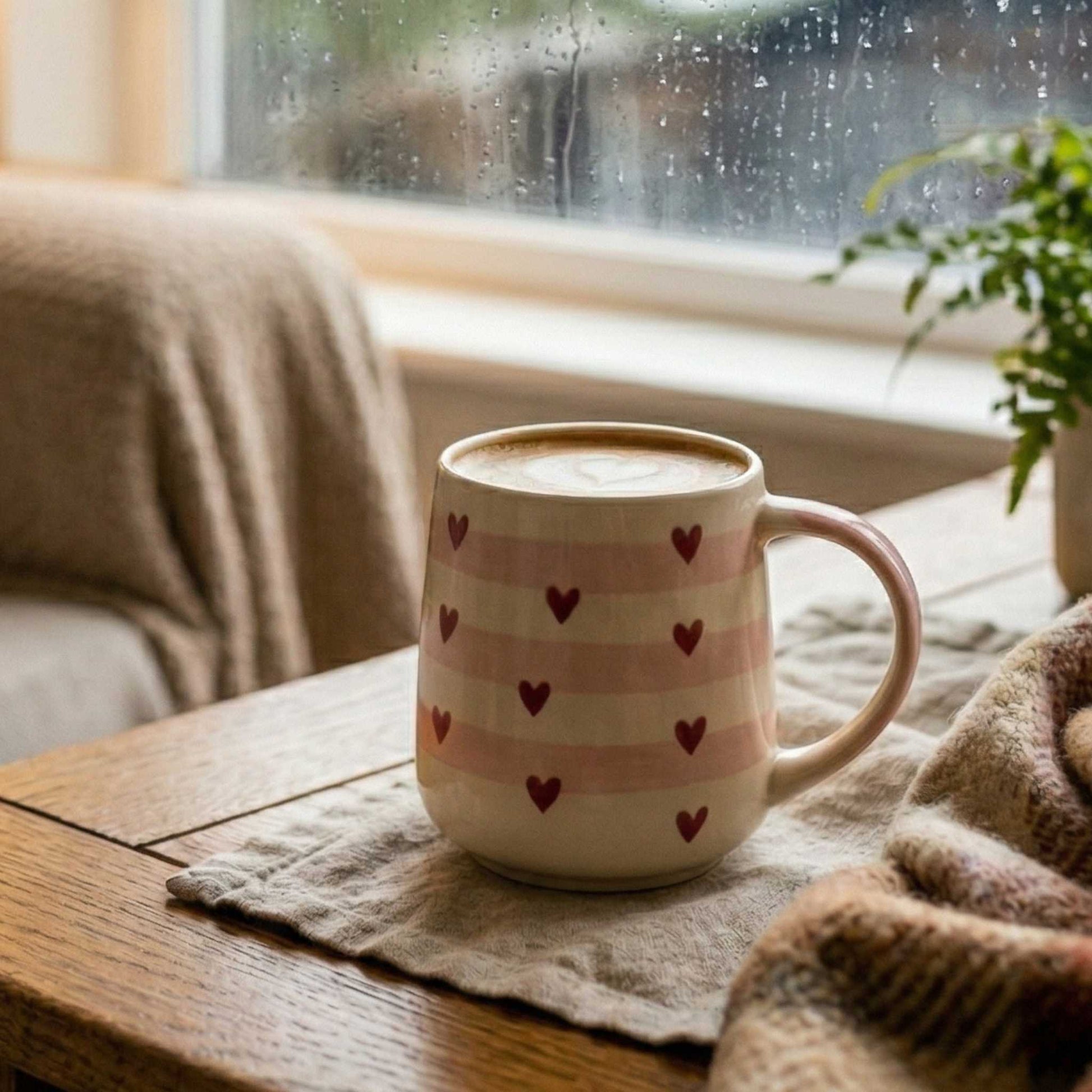 aesthetic stripe heart mug ceramic coffee mug with small red hearts cozy decor mug