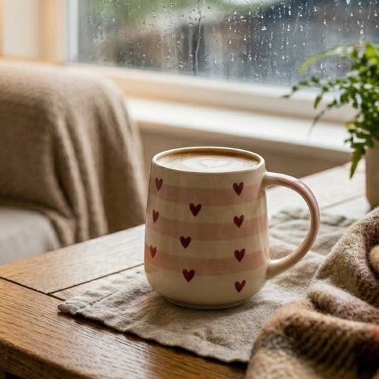 aesthetic stripe heart mug ceramic coffee mug with small red hearts cozy decor mug