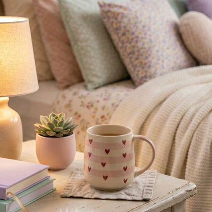 cute red heart ceramic mug with blush stripes cozy coffee mug for everyday use