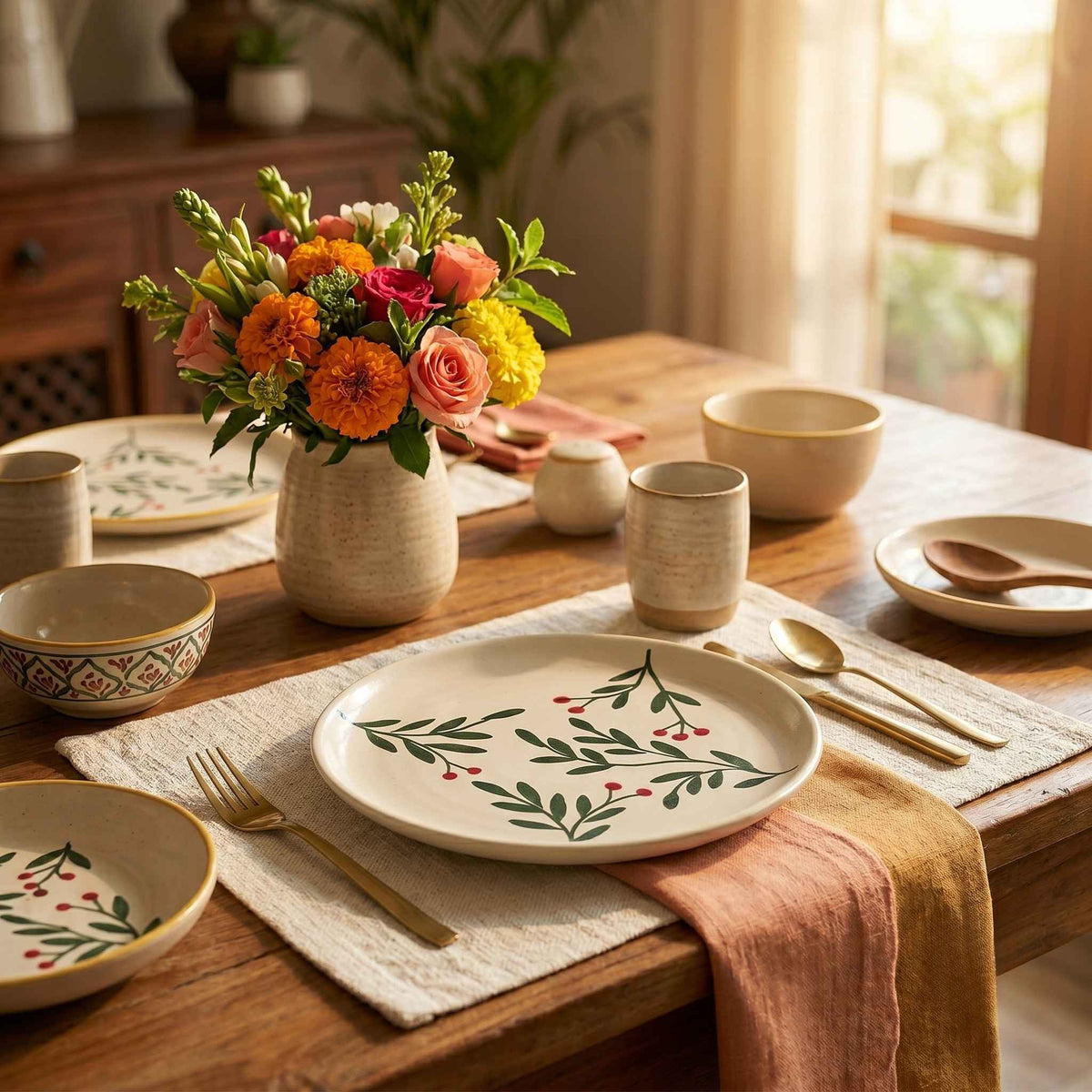Small hand-painted ceramic plate with botanical olive leaf design by Craftriti