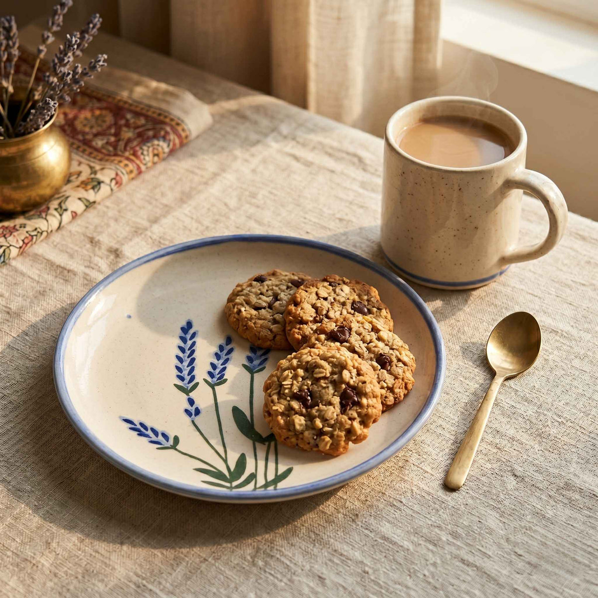 Small hand-painted ceramic plate with lavender-inspired blue and purple floral design