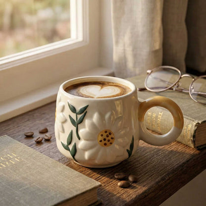 unique sunflower design ceramic mug aesthetic handmade coffee mug india