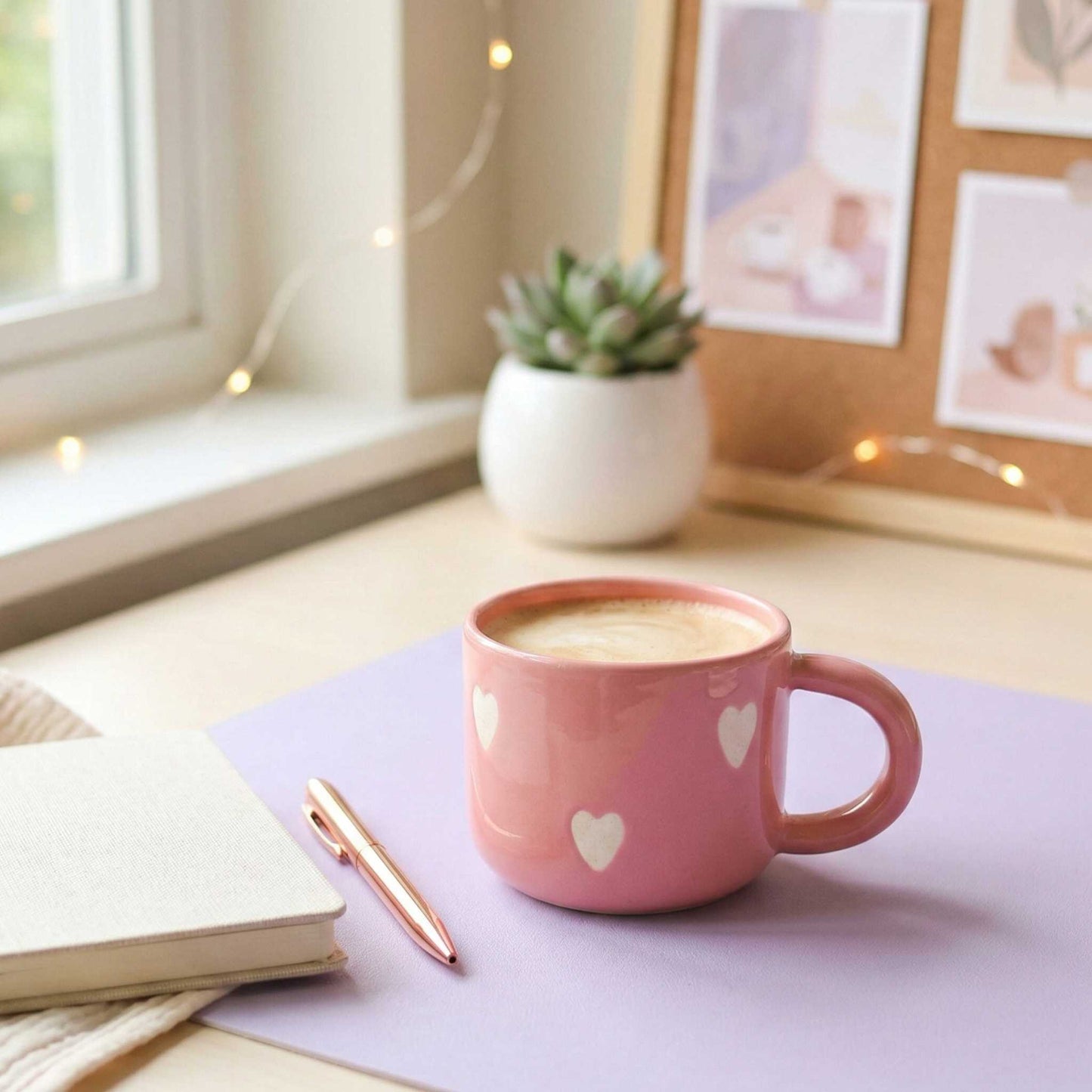 minimal pink coffee mug with white heart design cozy ceramic mug for home decor