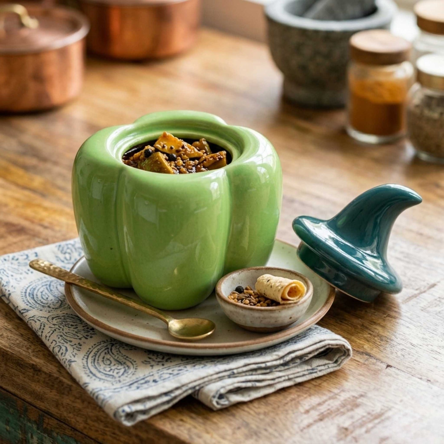green bell pepper ceramic jar for pickles and chutney decorative kitchen jar