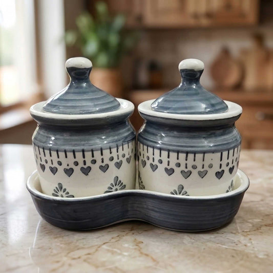ceramic pickle jar set jhalar design with tray - buy online