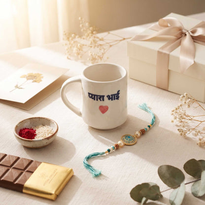 ceramic Pyara Bhai mug with red heart design and premium Raksha Bandhan gift hamper