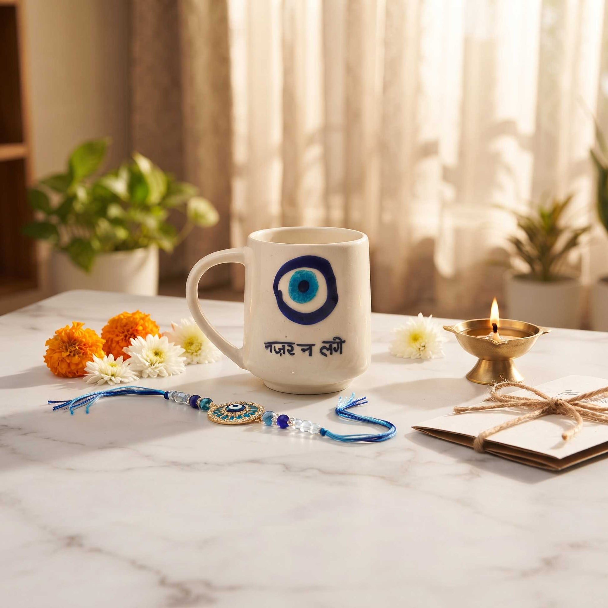 ceramic evil eye mug with premium Rakhi chocolate roli akshat and Happy Raksha Bandhan card