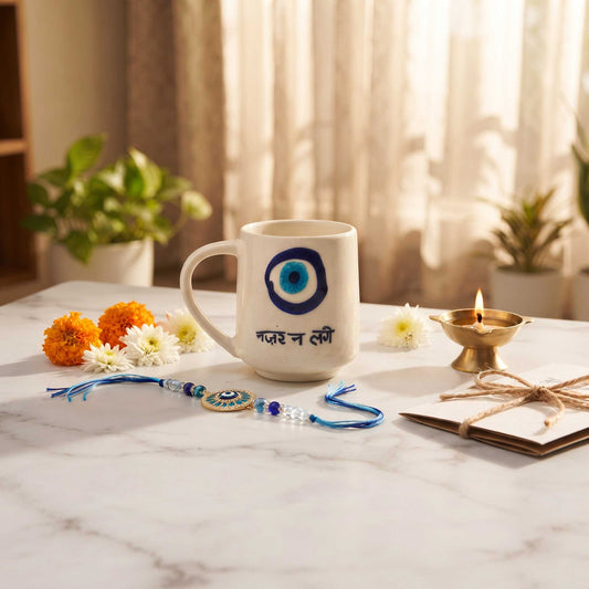 ceramic evil eye mug with premium Rakhi chocolate roli akshat and Happy Raksha Bandhan card