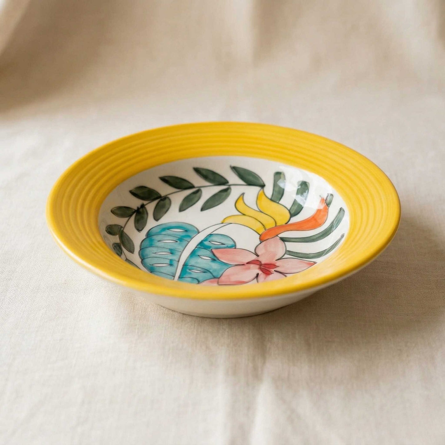 yellow floral ceramic pasta plate handpainted deep pasta serving plate