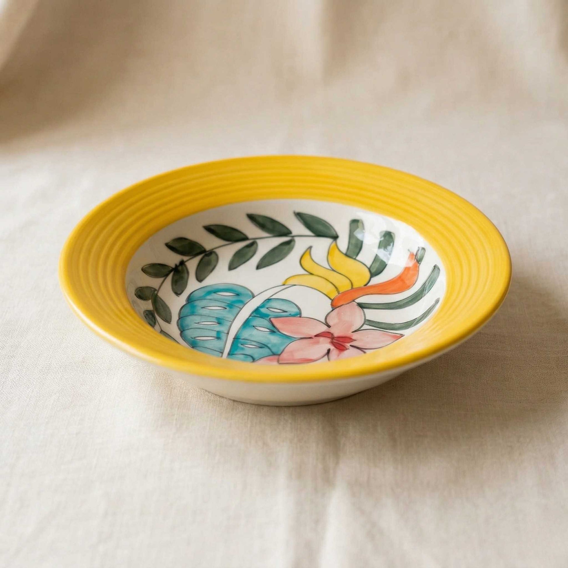 yellow floral ceramic pasta plate handpainted deep pasta serving plate