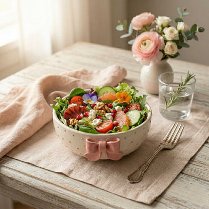 pink bow ceramic bowl with dotted texture aesthetic bowl for soup salad 